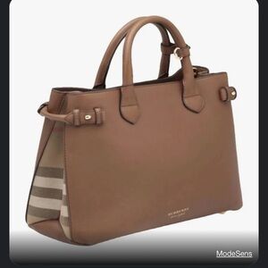 burberry medium banner house check derby leather tote brown